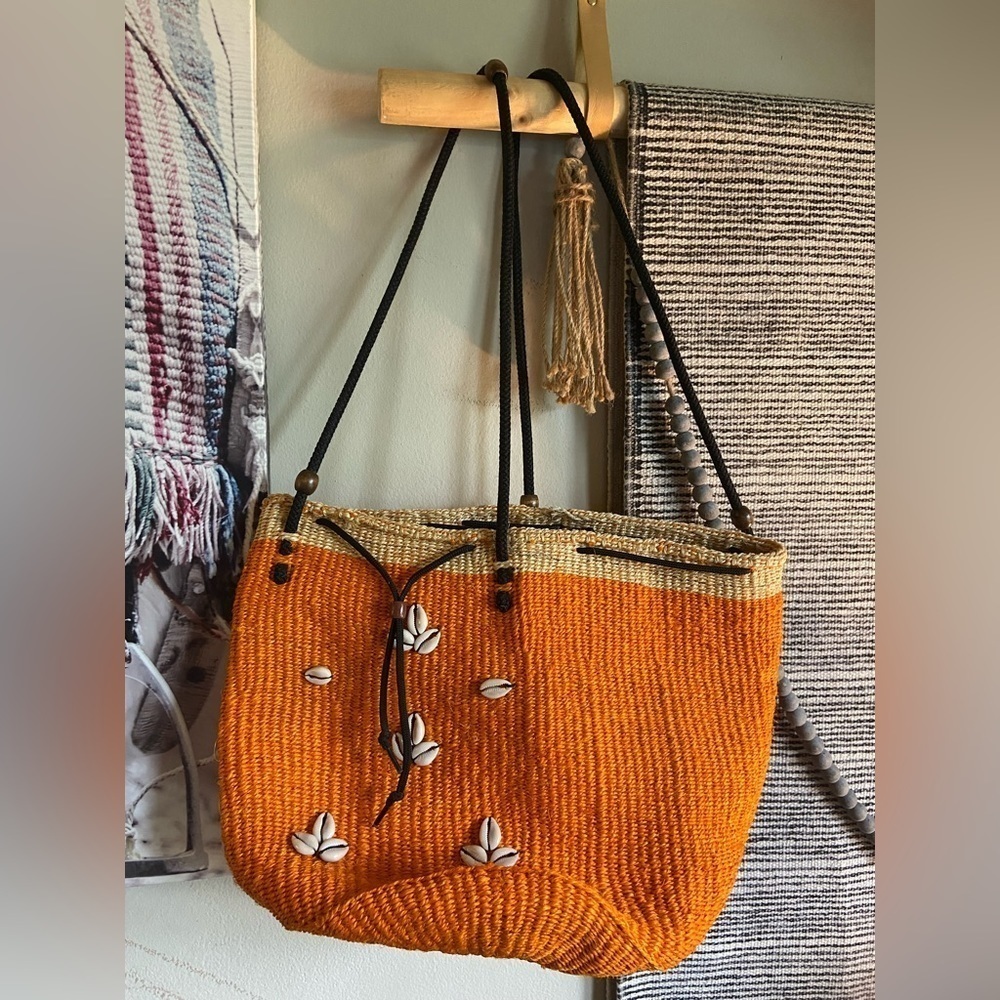 Vintage Orange Straw Tote w/ Shell Detail